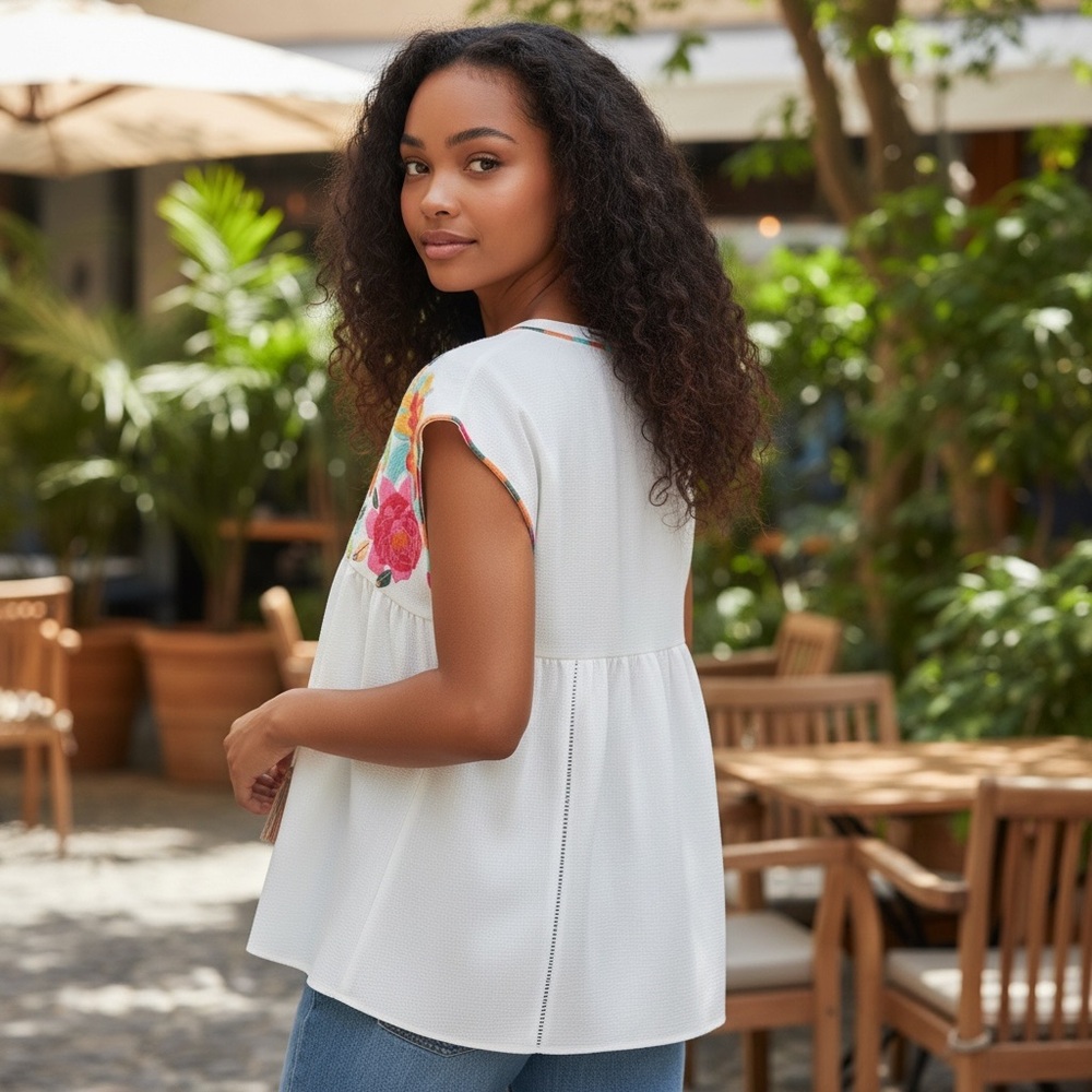 THML White Sleeveless Blouse with Bright Floral Embroidery - Picture 5 of 11